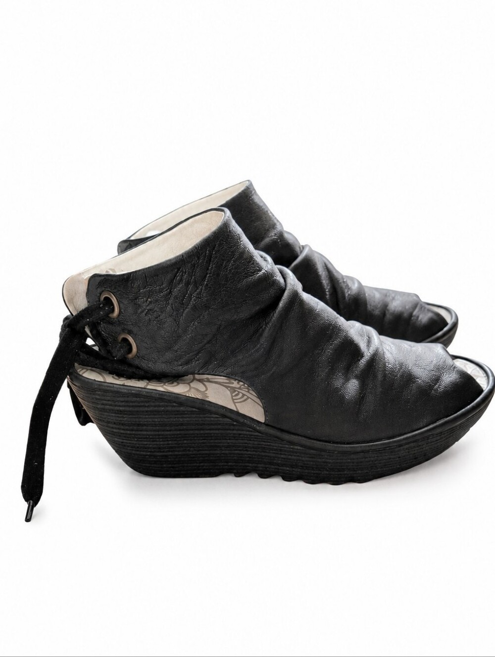 Black Leather Peep Toe Wedge Ankle Booties Women's Size 7.5 Lace-Up Comfort Shoe